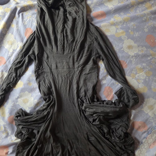 Please women's dress, dark gray, cowl neck with drapes
