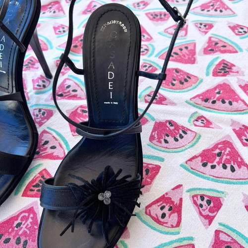 Casadei sandals used, black suede with satin, size 39, 10 cm heel