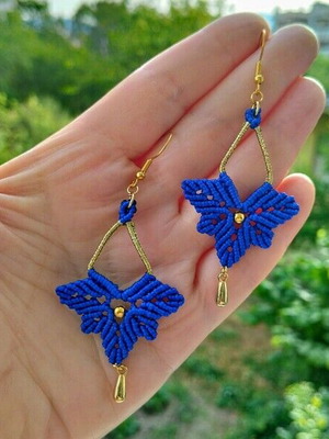 Steel macrame hanging earrings blue and gold made to order