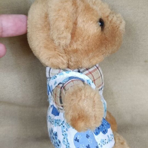 Teddy Bear 15.5 cm used, vintage soft toy with work outfit