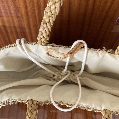 Large woven straw tote bag, shoulder style, beige and hazelnut