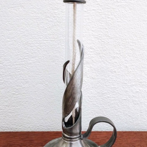Candlestick with wick new, pewter and glass decorative