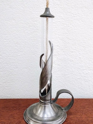 Candlestick with wick new, pewter and glass decorative