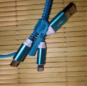 Μπλε διπλό καλώδιο για θύρα lightning και Micro USB και συνδέεται με τη κοινή USB 2.0