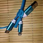  Μπλε διπλό καλώδιο για θύρα lightning και Micro USB και συνδέεται με τη κοινή USB 2.0