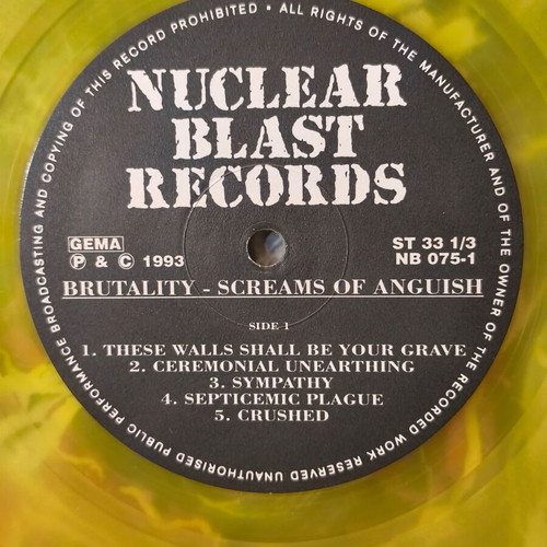 Brutality Screams of Anguish vinyl record, yellow translucent, 1993 edition