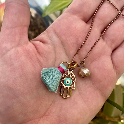 Hamsa Lucky Hand Long Necklace with Turquoise and Brown Steel Chain