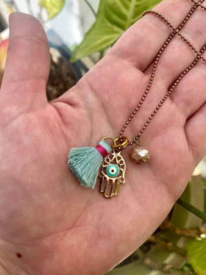 Hamsa Lucky Hand Long Necklace with Turquoise and Brown Steel Chain