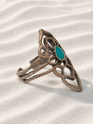 Handmade open ring of brass and enamel blue and silver new
