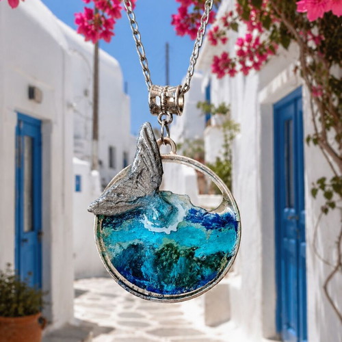 Handmade Long Necklace Mermaid with Polymer Clay and Resin in Silver Frame