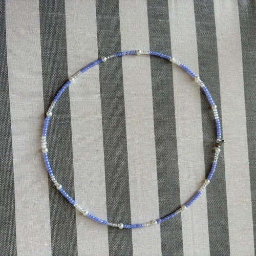 Handmade necklace new with glass beads and pearls white and blue