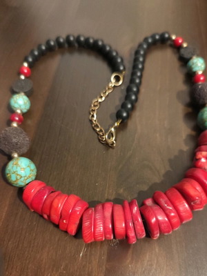 Vintage Ethnic Necklace with Semi-Precious Stones and Natural Coral