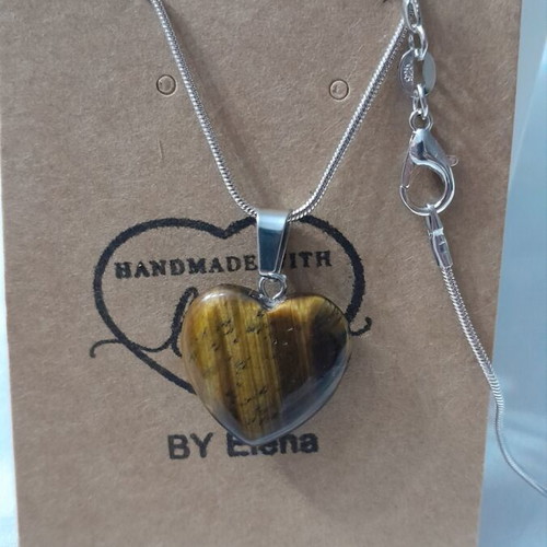 Handmade heart necklace with natural tiger eye stone and silver chain new
