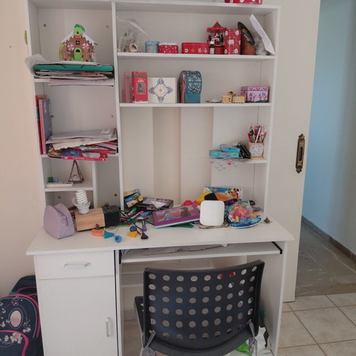 White bookshelf desk with cabinet and keyboard drawer, gift chair