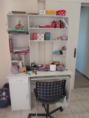 White bookshelf desk with cabinet and keyboard drawer, gift chair