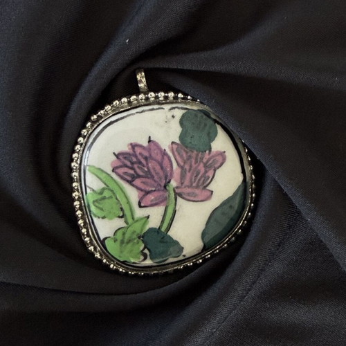 Vintage Chinese Porcelain Shard Pendant with Pink Lotus Motif used