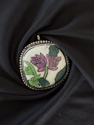 Vintage Chinese Porcelain Shard Pendant with Pink Lotus Motif used