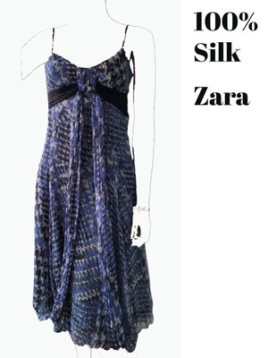 Zara summer evening dress 100% silk, like new, blue and black