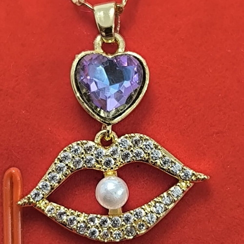 Gold Necklace with Purple Heart, Lips and Pearl, Stainless Steel, New