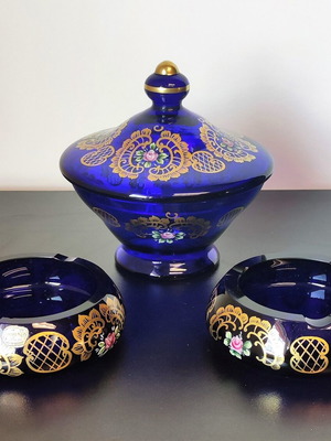 Vintage crystal set in cobalt blue hand-decorated like new