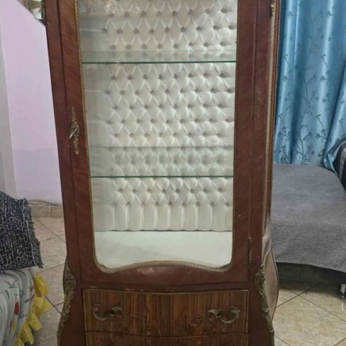 Showcase with quilted fabric and two drawers used, vintage design