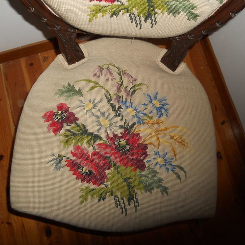 Pair of embroidered carved chairs used, vintage