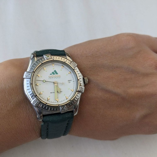 Adidas men's watch used with green leather strap