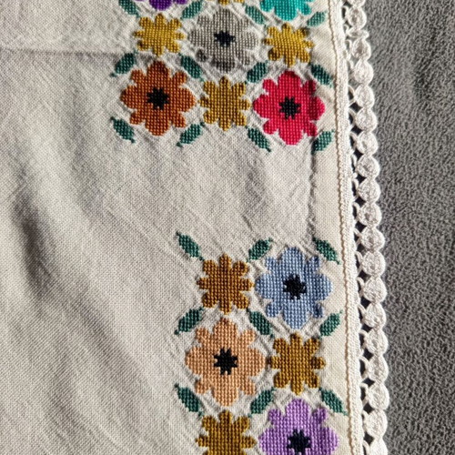 Vintage handmade tablecloth with colorful embroidered flowers like new