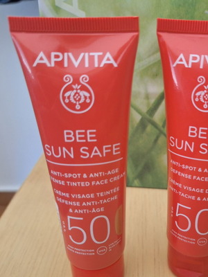 Bee Sun Safe Apivita sunscreens used, pack of two for mature skin
