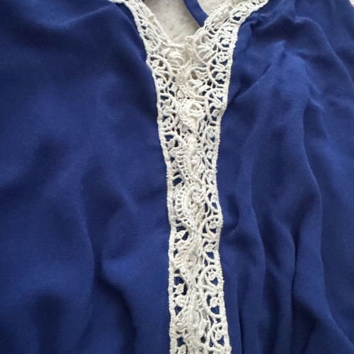 Blue jumpsuit size S like new with white knit and belt Owtwo