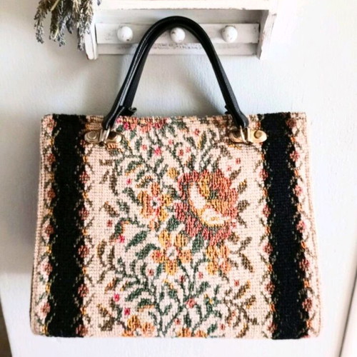 Vintage gobelin handbag used, black and multicolor