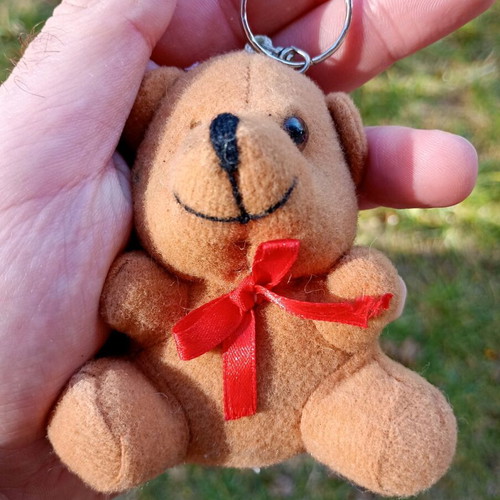 Plush bear keychain used, missing one eye