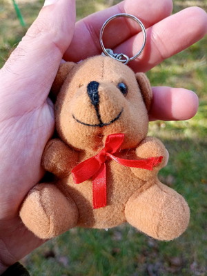 Plush bear keychain used, missing one eye