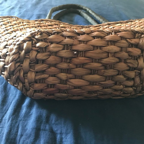 Large straw handbag like new, brown with satin details