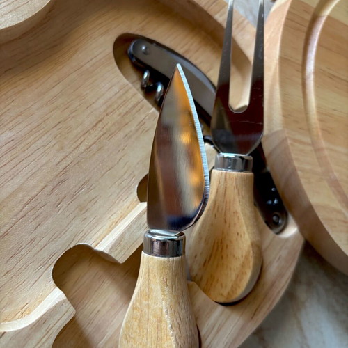 Cheese and wine set unused with wooden holder and stainless steel