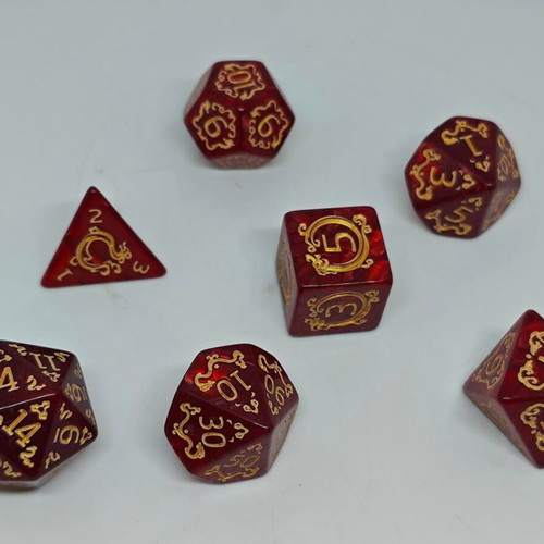 Dragon Scale Crimson & Gold RPG dice set like new