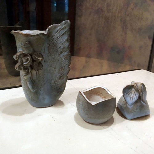 Handmade ceramic set like new, vase and egg in blue shade