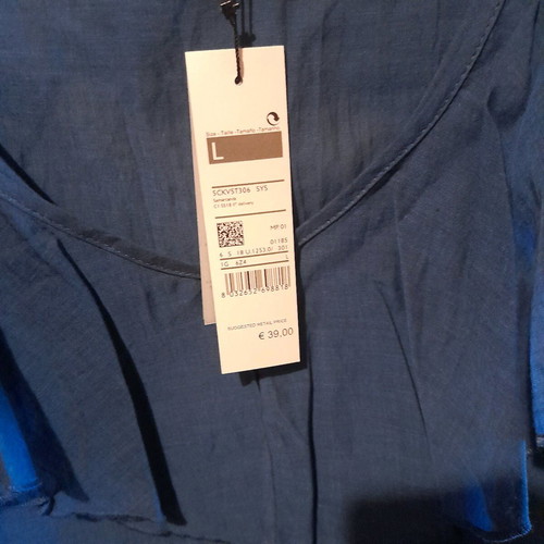 Sisley blouse L new, blue, with ruffles at neckline