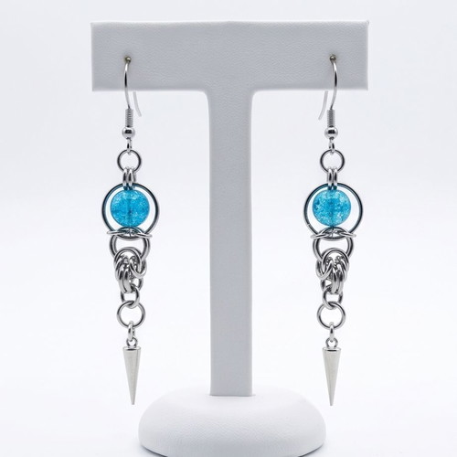 Steel chainmail earrings with blue stones new