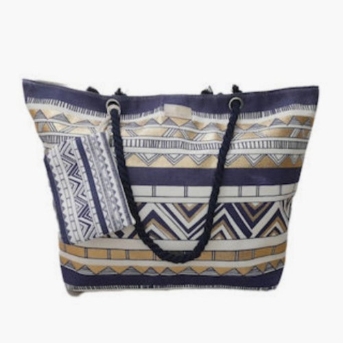 Τσάντα θαλάσσης Bag to Bag καινούργια με μικρό τσαντάκι, μπλε και χρυσαφί