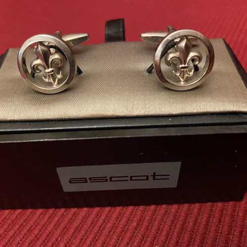 Silver Ascot cufflinks in luxury wooden box with Fleur de Lis