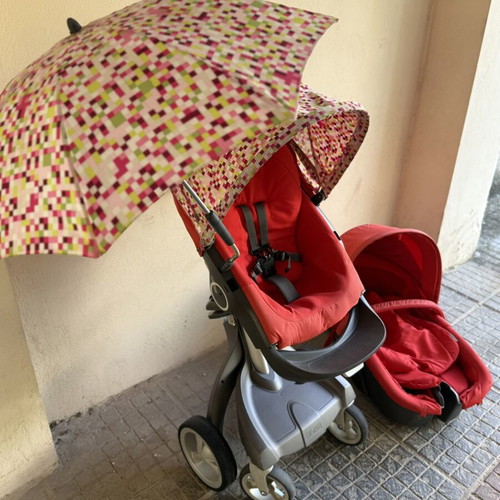 Stokke Baby Stroller 2-in-1 with Carrycot, like new, red