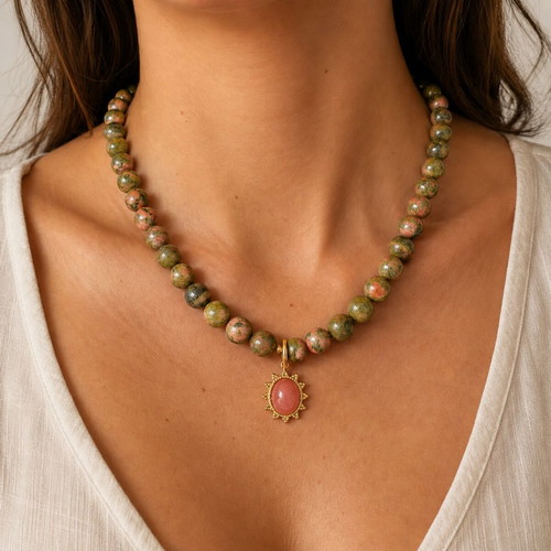Handmade necklace with unakite stones and cat's eye pendant, stainless chain