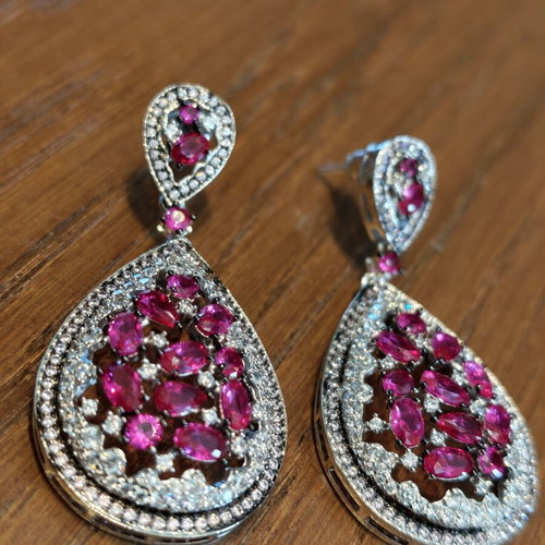 Earrings silver plated with zircon stones like new, pink and silver