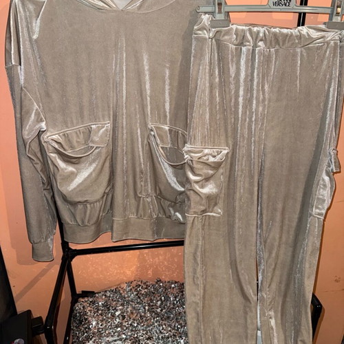 Velour Tracksuit Set New Beige Hoodie and Pants