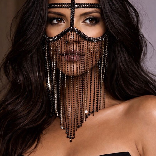 Black Crystal Fringe Face Mask with Headpiece New