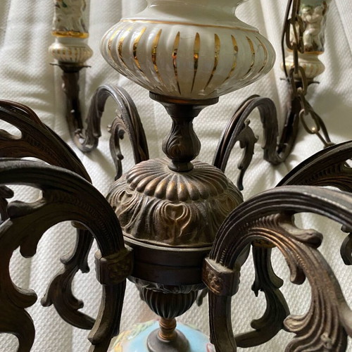 Capo di Monte chandelier used, handmade porcelain and bronze 6-light