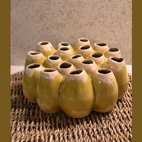 Ceramic flower holder with 18 openings, yellow-green