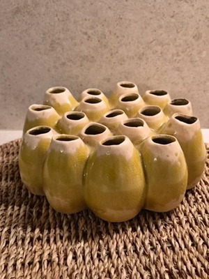 Ceramic flower holder with 18 openings, yellow-green