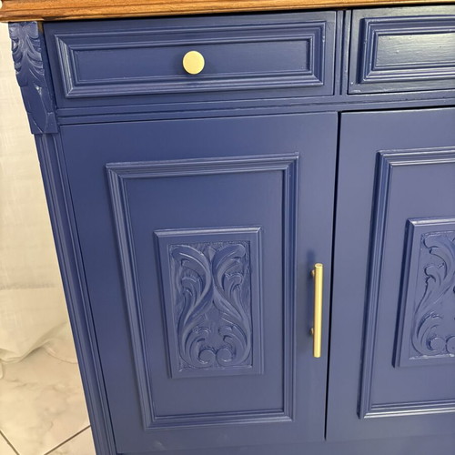 Modern classic buffet used, navy blue and natural wood